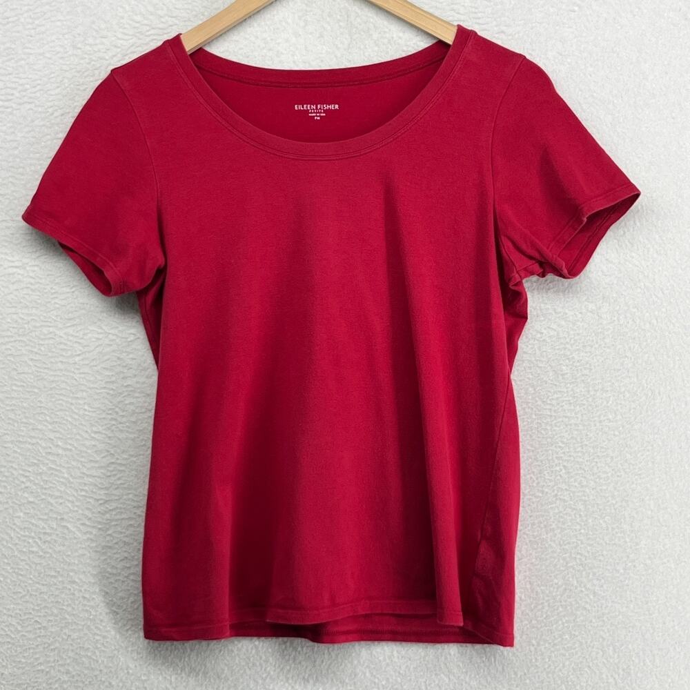 EILEEN FISHER Top PM Stretch Organic Cotton Jersey Scoop Neck Berry Red USA